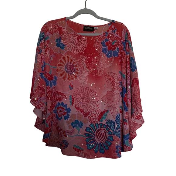 Bob Mackie Wearable Art sequin floral caftan top XS pink red blue dolman - Picture 2 of 13